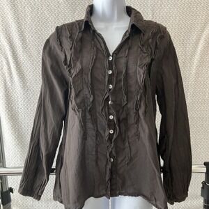 Sundance JP And Mattie Teal‎ Pintuck Blouse Small Brown Ruffle Boho Lagenlook